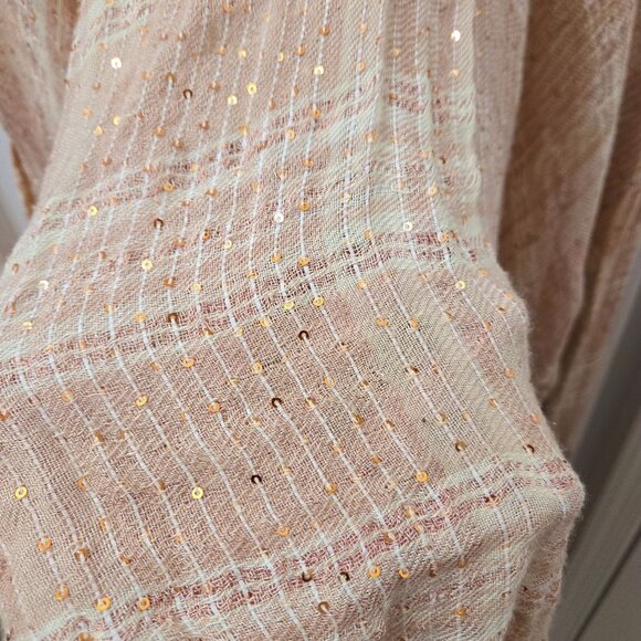 Free People Button up Shirt Large Bohemian Beige Peach Metallic Sequin Blouse - Picture 7 of 10